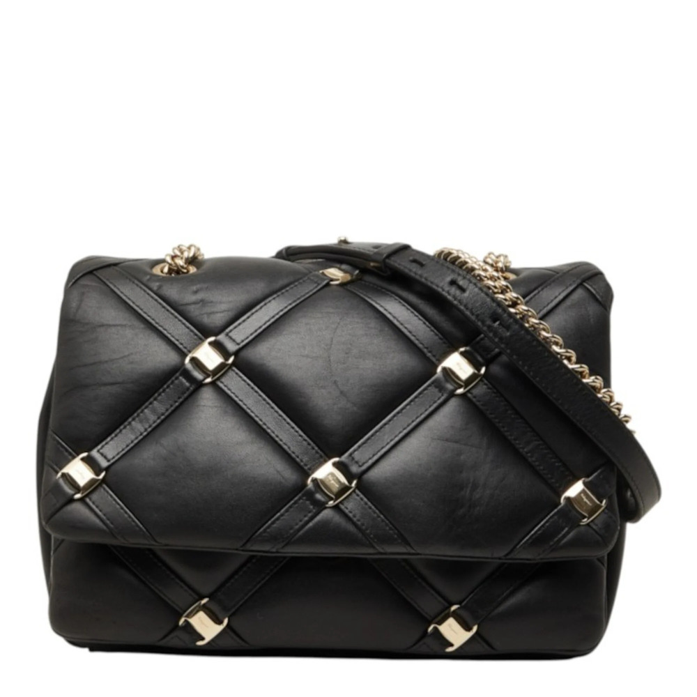 Salvatore Ferragamo Vara Crossbody Chain Shoulder Bag GG-21H536 Black Leather...